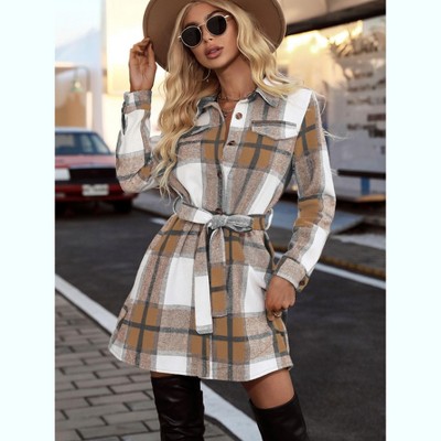 Coolmee Women Fashionable Striped Plaid Button Down Lapel V Neck Long Sleeve Wrap Mini Dress With Belt