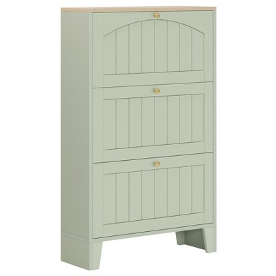 Resenkos Modern Flip - Down Shoe Cabinet, Light Green 3 - Tier Storage Organizer, Wooden Top Entryway Shoe Rack