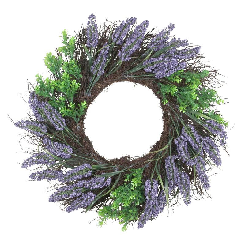 Northlight Lavender and Boxwood Artificial Spring Wreath, 22-Inch, Unlit, 1 of 4