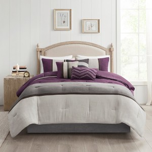 7 Pcs Stylish Faux Suede Stripe Design Comfoter Set,All Season Home Textile Cozy Bedding Set fits Modern Bedroom Decor,Matching Bed Skirt,Decorative - 1 of 4