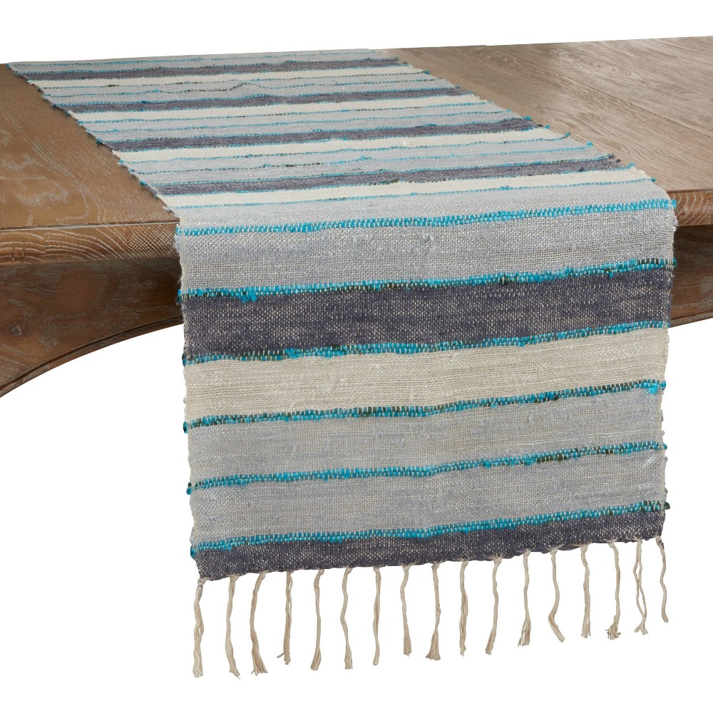 Photos - Tablecloth / Napkin 72" x 16" Cotton Wide Stripe Table Runner Blue - Saro Lifestyle