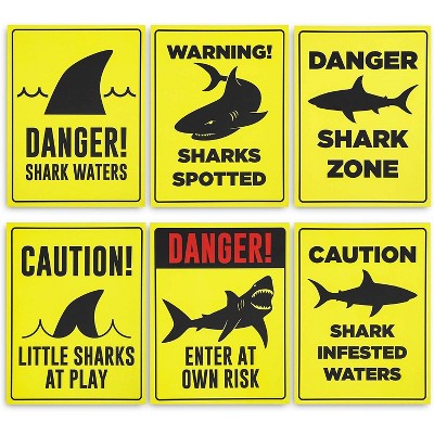 6-Pack Shark Zone Party Signs, Ocean Pool Party Supplies and Decorations for Boys Kids Birthday, Baby Shower, Photo Props, Yellow, 11" x 8.6"