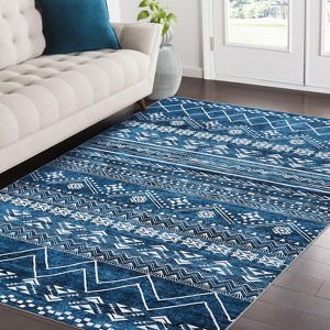 Washable Rug Area Rug Moroccan 9x12 - Ultra-Thin Non-Slip Boho Geometric Carpet Blue/White for Living & Dining - 1 of 4