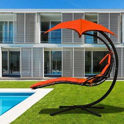 Orange Hanging Chaise Lounge Chair with Cushions and Canopy