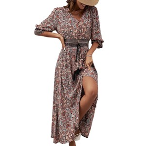 Women's 7-Part Sleeve Tunic Boho Style Beach Dress - 1 of 4