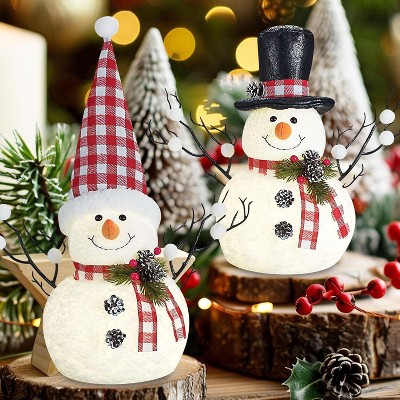 2 Pack 14" Lighted Snowman Tree Buffalo Check Plaid Farmhouse Decorations