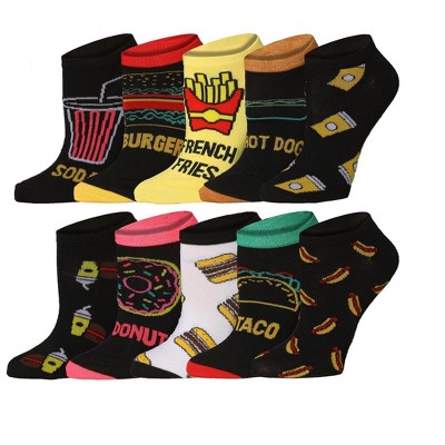Tipi Toe Womens 10 Pairs Fast Food Fiesta Pattern & Mix Colors For Vibrant Style Low Cut/No Show Socks
