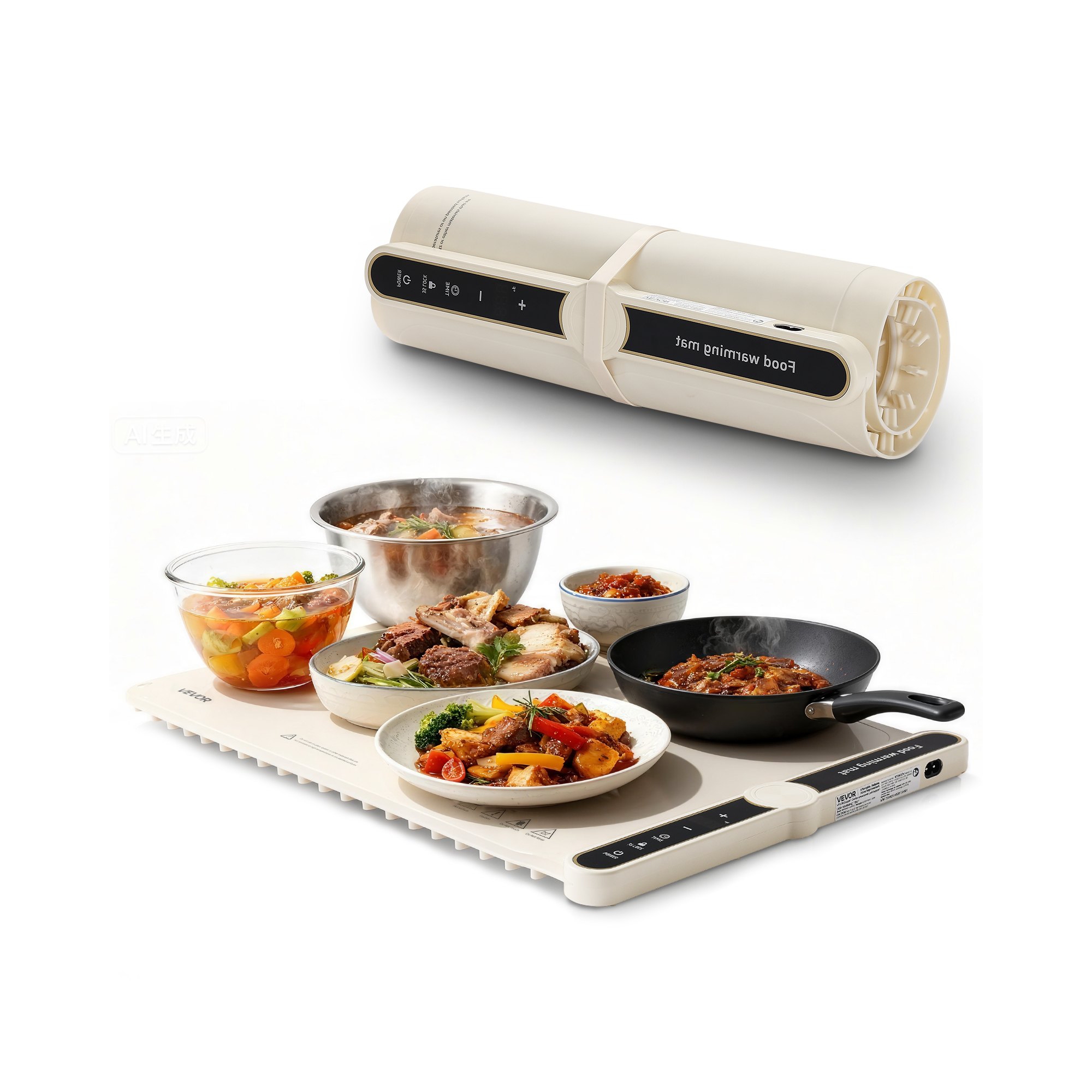 VEVOR Electric Warming Tray, Rollable Silicone Food Warming Mat with 9 Temp Settings, Auto Shut-Off & Child Lock, Portable Buffet Food Warmer