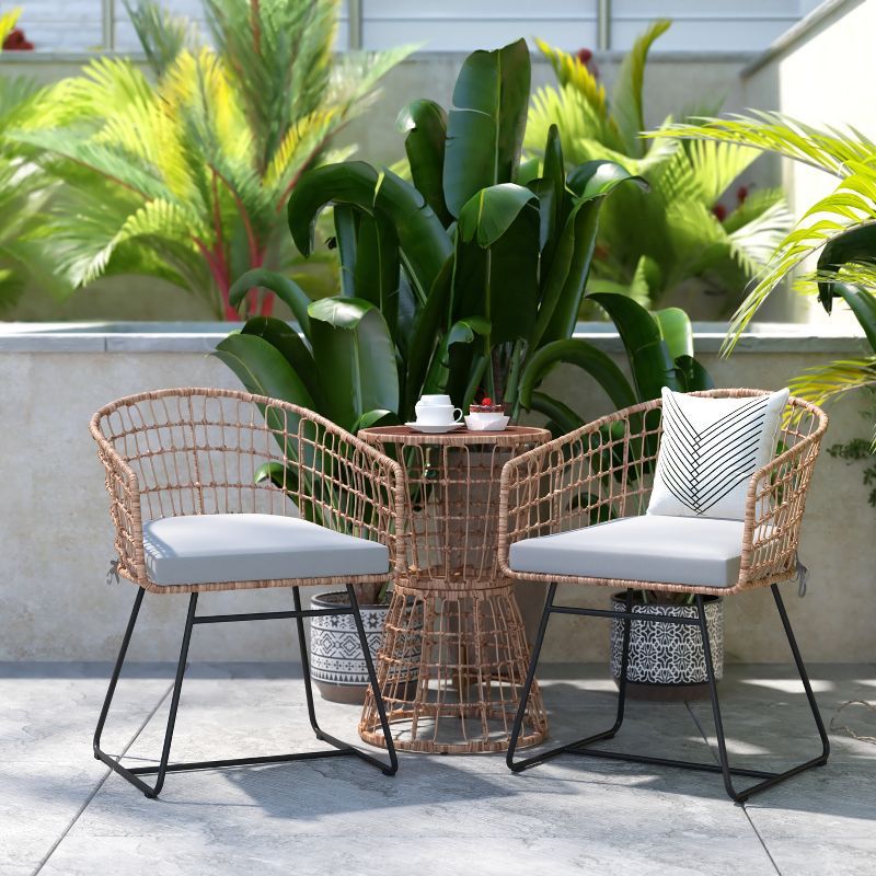 Emma and Oliver Three Piece All-Weather Rattan Rope Patio Set with Acacia Wood Top Side Table and Two Chairs with Cushions, 2 of 12
