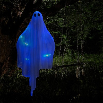 Joyfy 47’’ Halloween Light up White Ghost Outdoor Decor, Hanging Ghost with Spooky Blue LED Light for Haunted House Prop, Front Yard Lawn Party