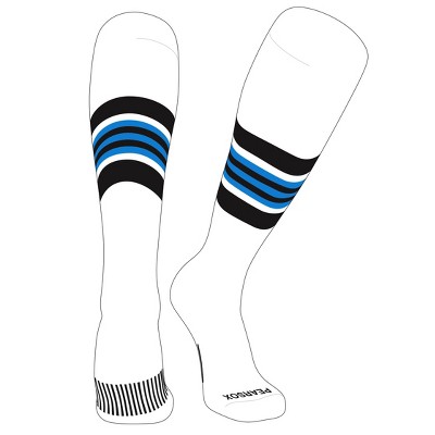 PEAR SOX Striped OTC Baseball, Softball, Football Socks (G) White, Black, Neon Blue (L)