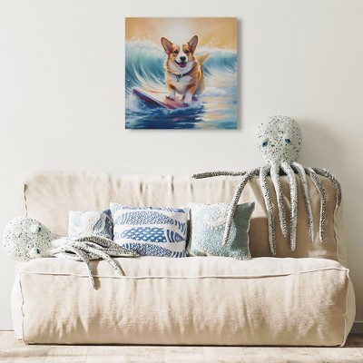 16" Square Multicolor Canvas Wall Art with Surfing Corgi