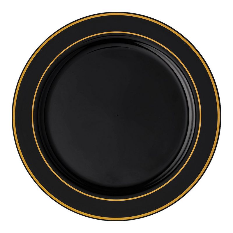 Smarty Had A Party 10.25" Black with Gold Edge Rim Plastic Dinner Plates (120 Plates), 1 of 7