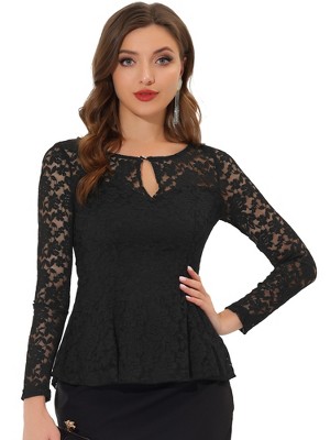 INSPIRE CHIC Women's Floral Lace Front Peplum Hem Keyhole Sheer Long Sleeve Blouse