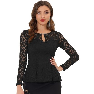 INSPIRE CHIC Women's Floral Lace Front Peplum Hem Keyhole Sheer Long Sleeve Blouse - 1 of 4