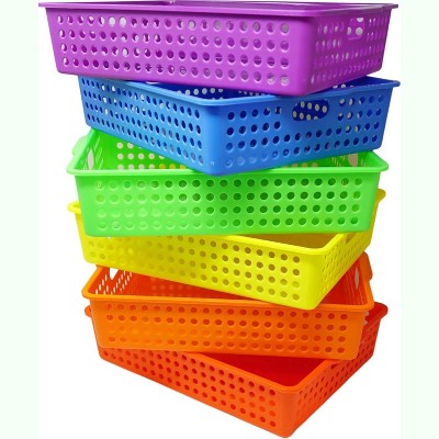 4E's Novelty Colorful Plastic Classroom Storage Bins - 13.75" x 10.25" for Organizing Papers, Pencils, Arts & Crafts, Rainbow Containers