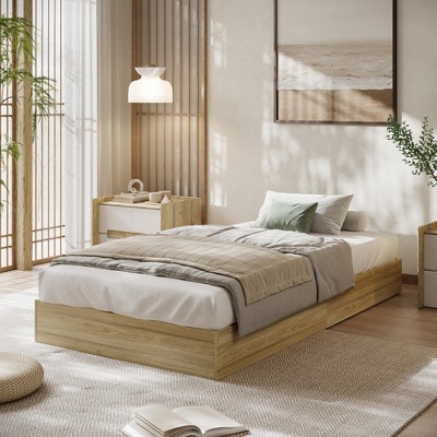 homfan  Solid Wood Platform Bed, Modern Minimalist Floor-Standing Bed Frame with Strong Wooden Slats