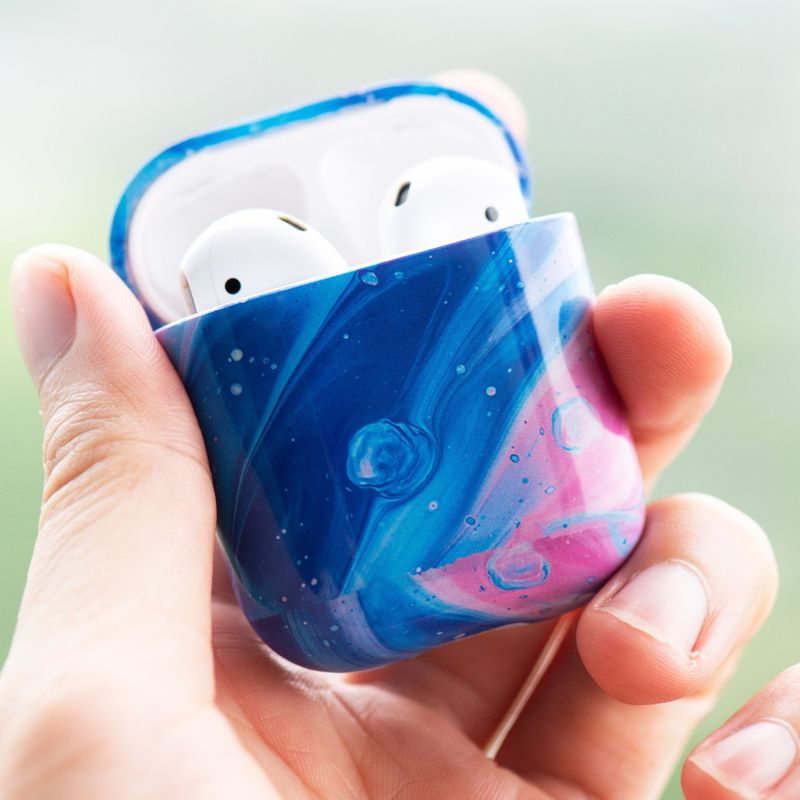 Insten Case Compatible with AirPods 1 & 2 - Glossy Marble Pattern Skin Cover, Space Blue Pink, 3 of 10