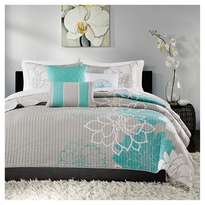 Gray and Aqua Full Cotton Reversible Quilt Set