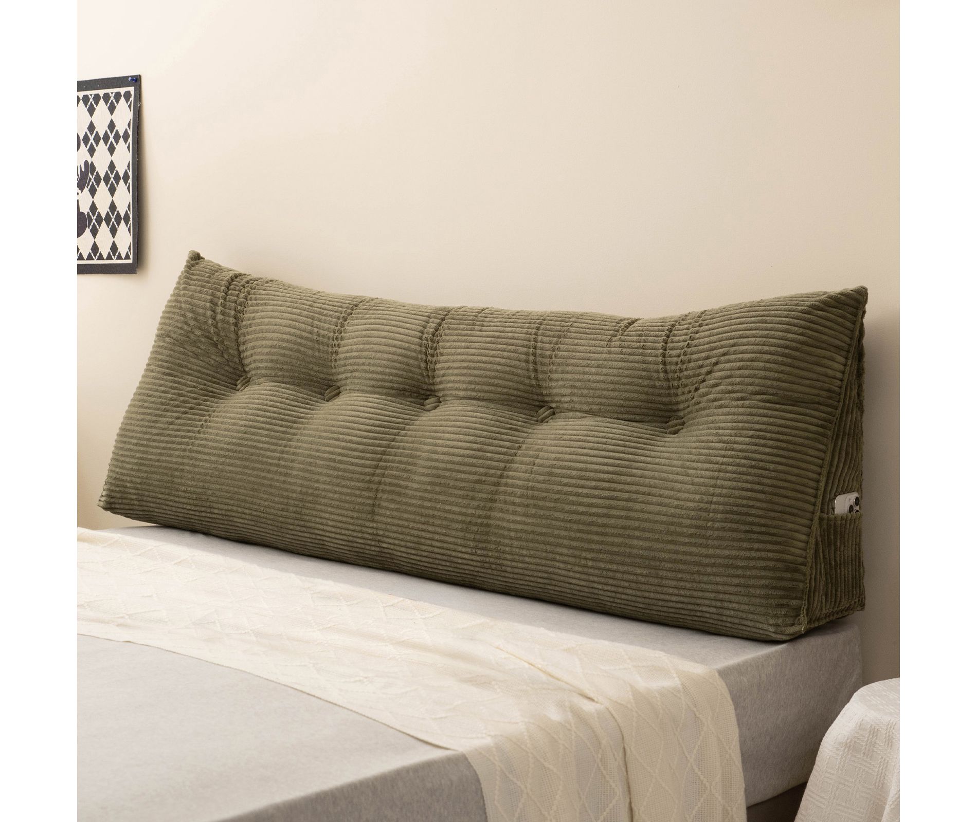 Bekrvio Headboard Pillow with Side Pocket, Soft Wedge Backrest Cushion with Removable Cover for Bed & Sofa,Twin/Queen/King