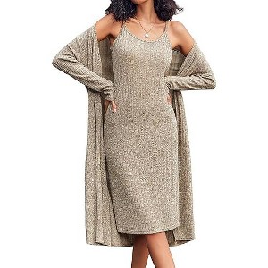 Ekouaer Womens Knit Robe Set 2 Piece Nightgown with Robes Long Sleeves Lounge Sets with Pockets - 1 of 4