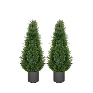 3' Artificial Cedar Topiary Trees with Gray Planter Pot, Realistic Faux Pine Shrubs Plants, Set of 2 (Indoor/ Outdoor) - 1 of 4