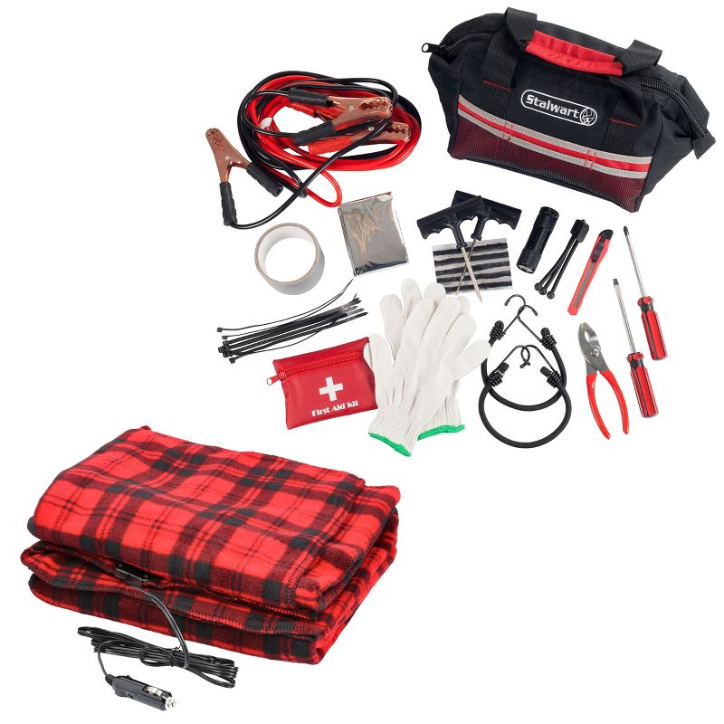 55-Piece Car Emergency Kit with Carrying Case, Jumper Cables, Tools, and More – Comes with 12V Heated Blanket for Truck, SUV, or RV by Stalwart (Red), 1 of 6