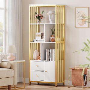 GustoWave 4-Tier Gold Bookcase w/ 3 Drawers, 62" White Gold Bookshelf with Door and Metal Frame, Floor Standing Display Storage Cabinet - 1 of 4