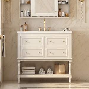 Kumasinova White 36" Bathroom Vanity,Freestanding Vanity Cabinet with Ceramic Sink,4-Drawer,Solid Wood Frame,Bathroom Storage with 300LB Capacity - 1 of 4