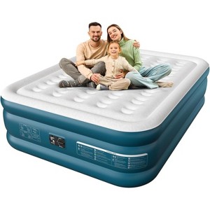 Ezyrest Queen Air Mattress with Built-In Pump – 18" Green/White Durable Raised Air Bed - 1 of 4