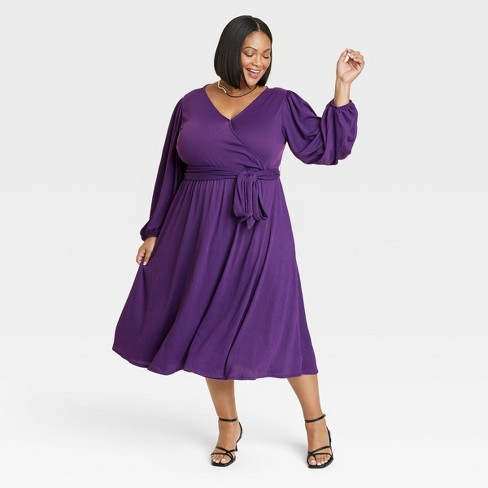 Women's Balloon Long Sleeve Knit V-Neck Faux Wrap Midi Dress - Ava & Viv™  Purple 3X