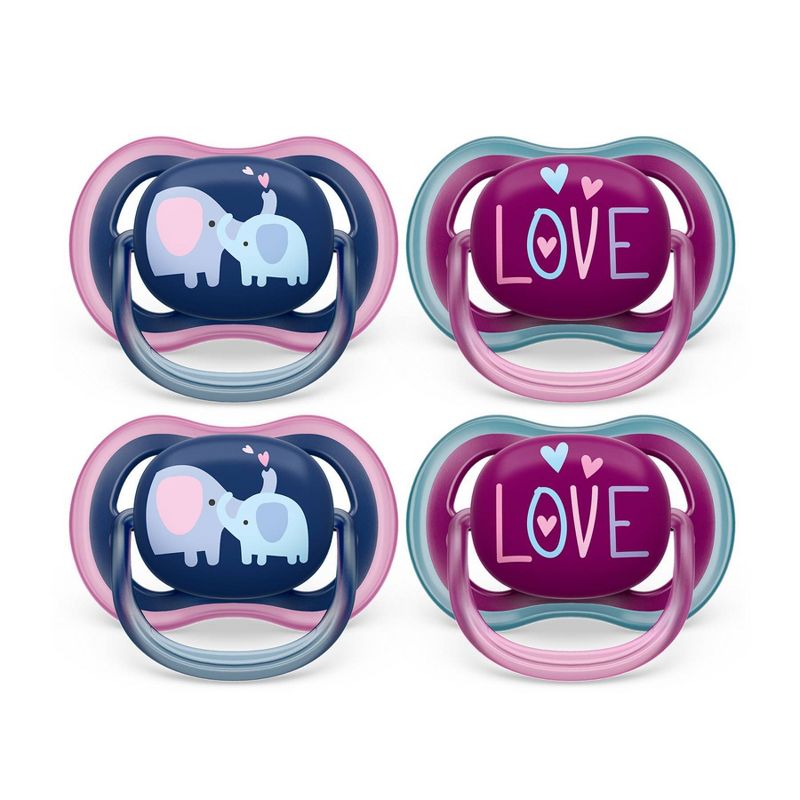 Avent Philips Ultra Air Pacifier 18 Months+ - Steel Blue Elephant/Pink Hello - 4pk, 1 of 11