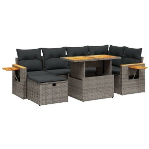 vidaXL 7 Piece Patio Sofa Set with Cushions Gray Poly Rattan - Gray without storage - 1 of 4