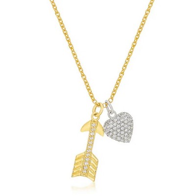 ShineHigh Pavé Heart and Arrow Pendant Necklace in Goldtone with Cubic Zirconia Charms – 16" Chain + 2.5" Extender, Romantic Gift Jewelry