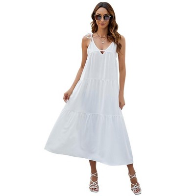 Spaghetti Strap Maxi Dresses for Women Loose Summer Casual Sundress V Neck Tiered Ruffle Beach Cami Long Dress