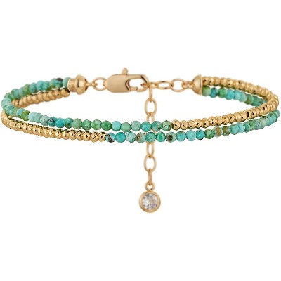 Women Beaded Bracelet Gold Double Layer Gemstone 14K Simple Dainty Handmade Chain Everyday Boho Beach Jewelry