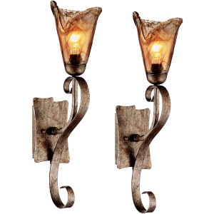 Franklin Iron Works Amber Scroll Rustic Wall Light Sconces Set of 2 Golden Bronze Hardwire 23 1/2" Fixture Art Glass for Bedroom Bathroom Vanity Home - 1 of 4