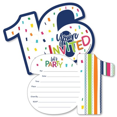 Big Dot of Happiness 16th Birthday - Cheerful Happy Birthday - Shaped Fill-In Invites - Sweet 16 Birthday Invites Cards with Envelopes - Set of 12