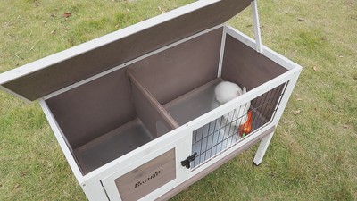 Gray and Black Elevated Fir Wood Guinea Pig Hutch with Hinged Roof