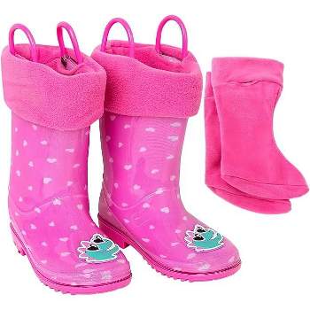 Addie & Tate Boys and Girls Rain Boots with Sock, Kids Rubber Boots- Size 8T-12 Years (Dino/Hearts)