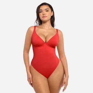 Feelingirl Women's Deep V Neck Tummy Control Thong Shapewear Bodysuit Black XS - 1 of 1