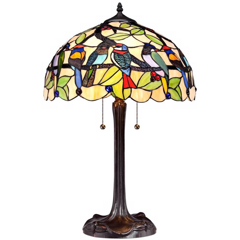 Robert Louis Tiffany Traditional Table Lamp 24.75" High Bronze Tropical Birds Stained Glass Shade for Living Room Family Bedroom Nightstand, 1 of 6