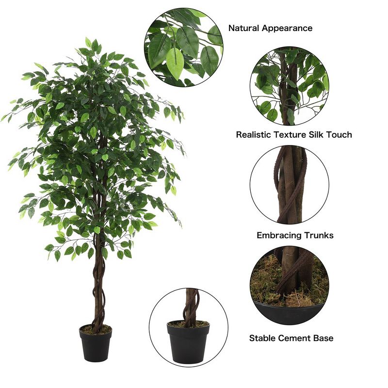2PCS Artificial Ficus Tree, 5FT Tall with Silk Leaves, Fake Moss, and Sturdy Nursery Pot, for Indoor and Outdoor Home, Office, and Farmhouse Decor, 3 of 7
