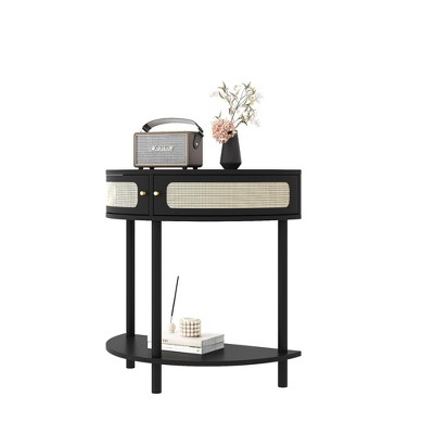 Bella Depot Half Moon Design End Table with Sliding Rattan Door