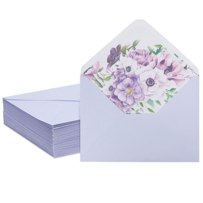 Paper Junkie 50 Pack Lavender A7 Envelopes with Floral Liner, for Thank You Cards, Invitations, 5.2 x 7.2 in