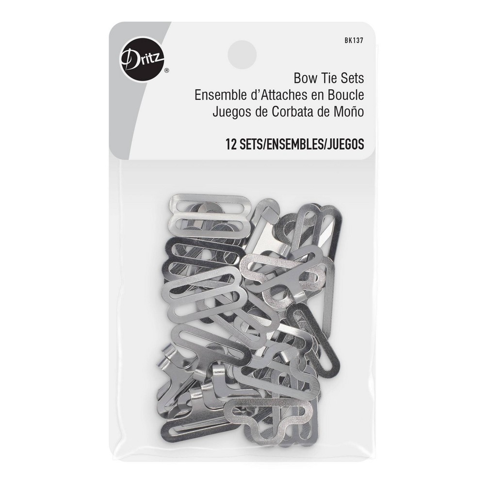 Dritz 12ct Bow Tie Sets: Nickel Metal Sewing Fasteners, Bow Tie Hardware, Storage Solution, 3.8" x 2.8"