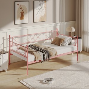 Twin Size Daybed Metal Daybed Frame, Space Saving Compact Design, Mattress Foundation Platform Sofa Bed, Lockable Casters, for Bedroom - 1 of 4