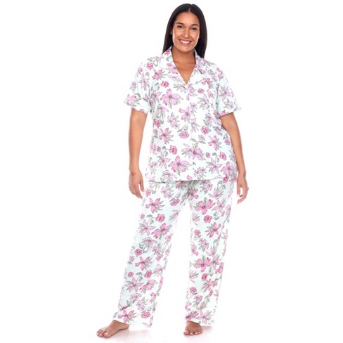 Women's Plus Size Short Sleeve Top and Pants Pajama Set White/Blue 1X -  White Mark