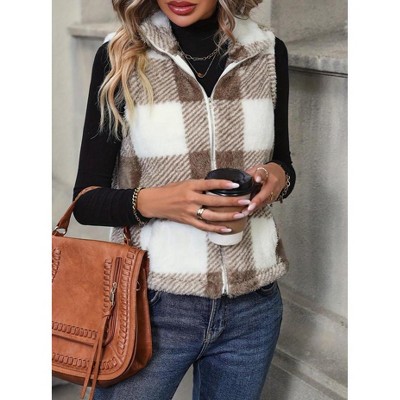 Women's Plaid Corduroy Vest with Stand Collar, Zip Front Sleeveless Jacket Vest for Fall Winter