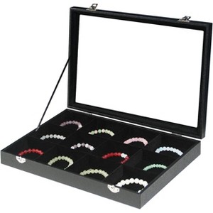 Black Velvet Jewelry Display Box with Glass Lid, 12-Grid Organizer Tray for Bracelets, Bangles and Necklaces, for Home or Store - 1 of 4